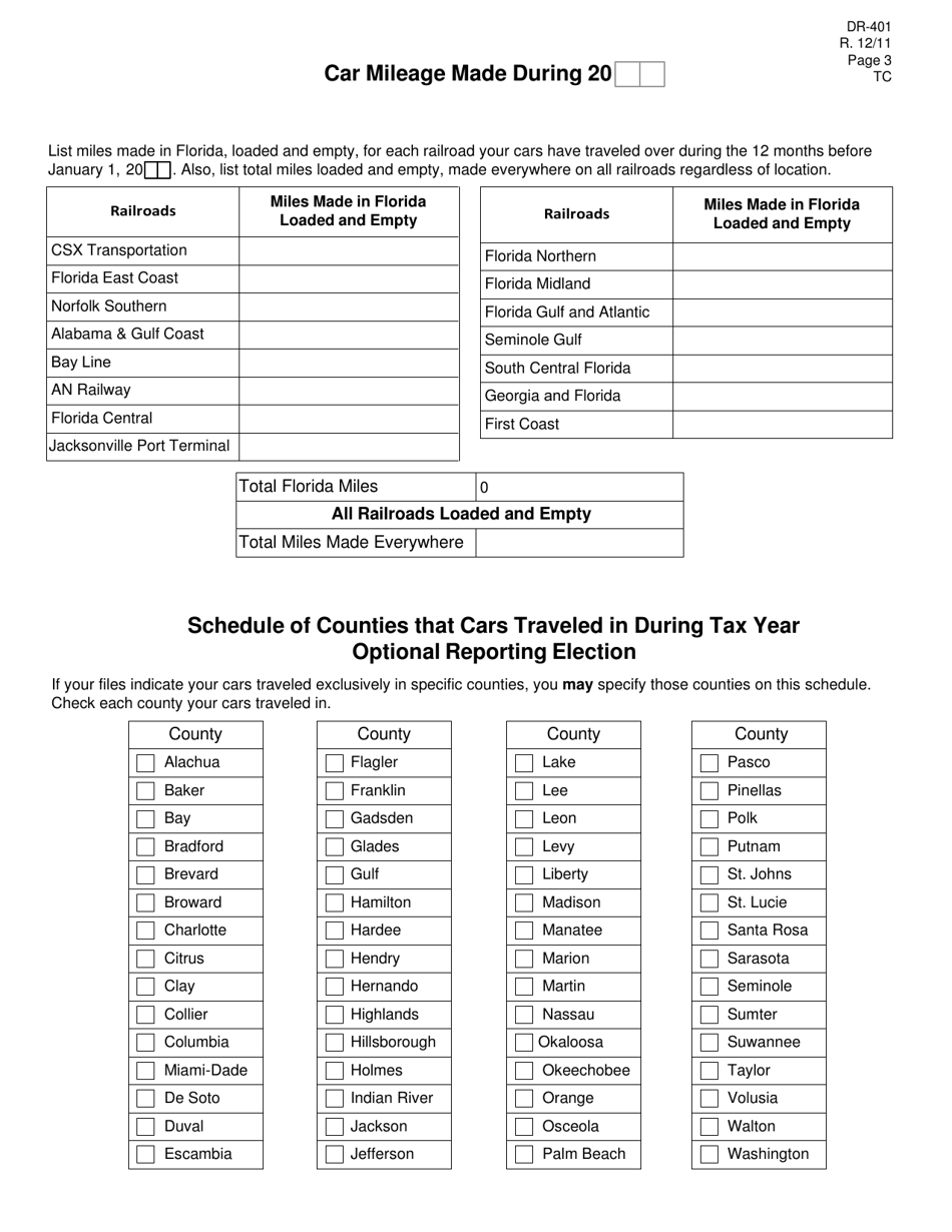 Form DR-401 Private Car and Freight Line Equipment Companies Annual Report and Return to the State of Florida - Florida, Page 3