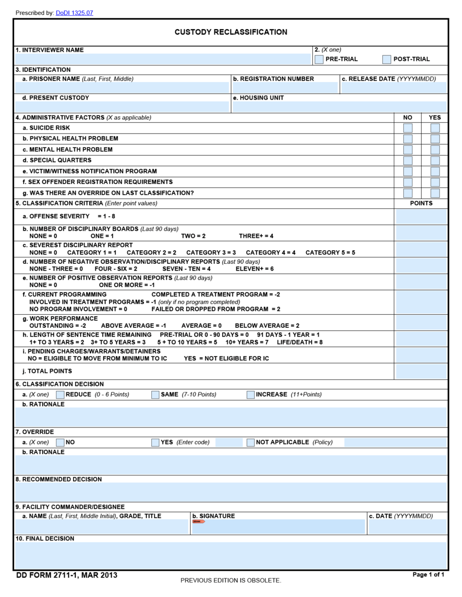 DD Form 2711-1 Custody Reclassification, Page 1
