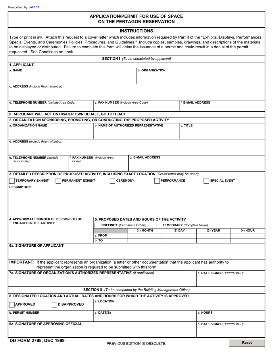 DD Form 2798 Application / Permit for Use of Space on the Pentagon Reservation, Page 1