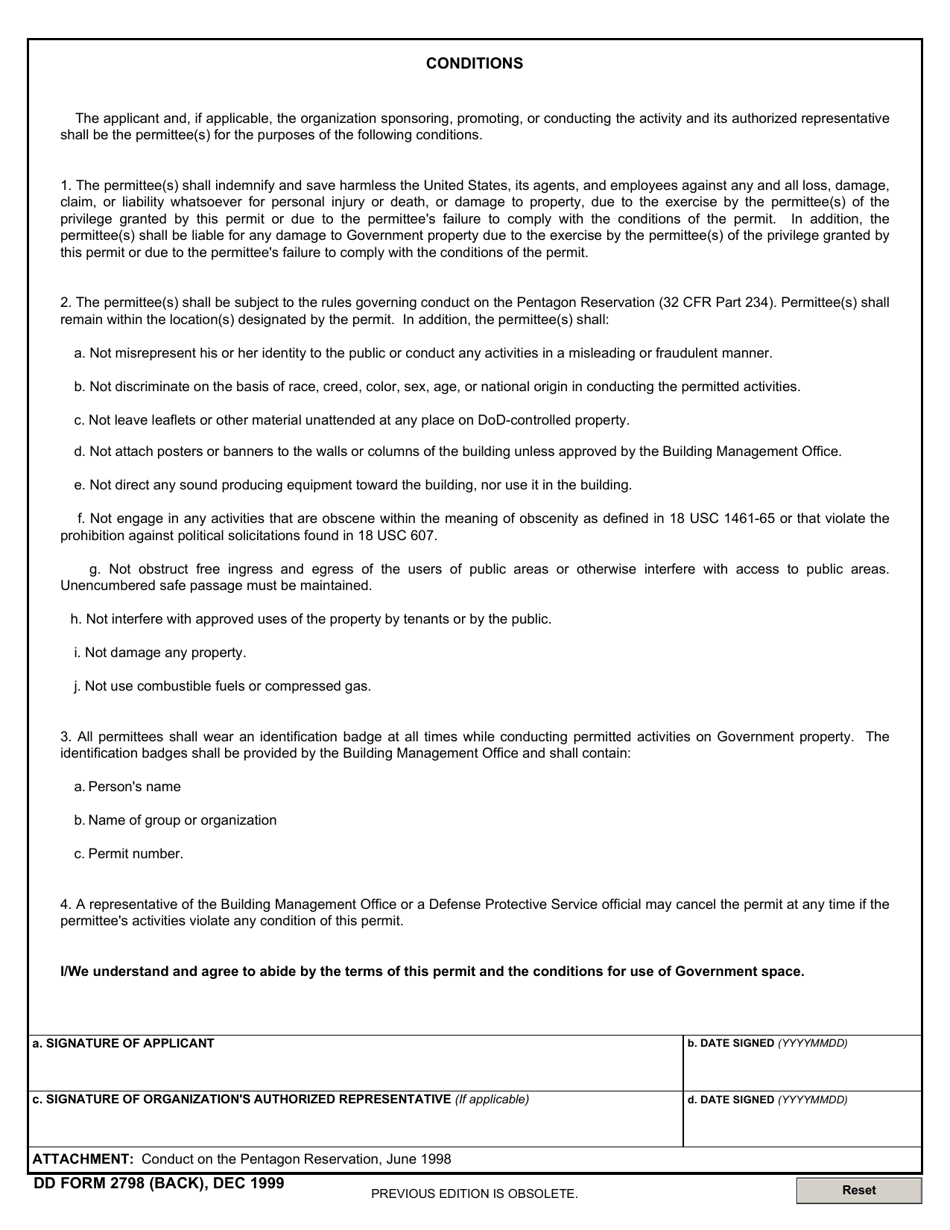 DD Form 2798 Application / Permit for Use of Space on the Pentagon Reservation, Page 2