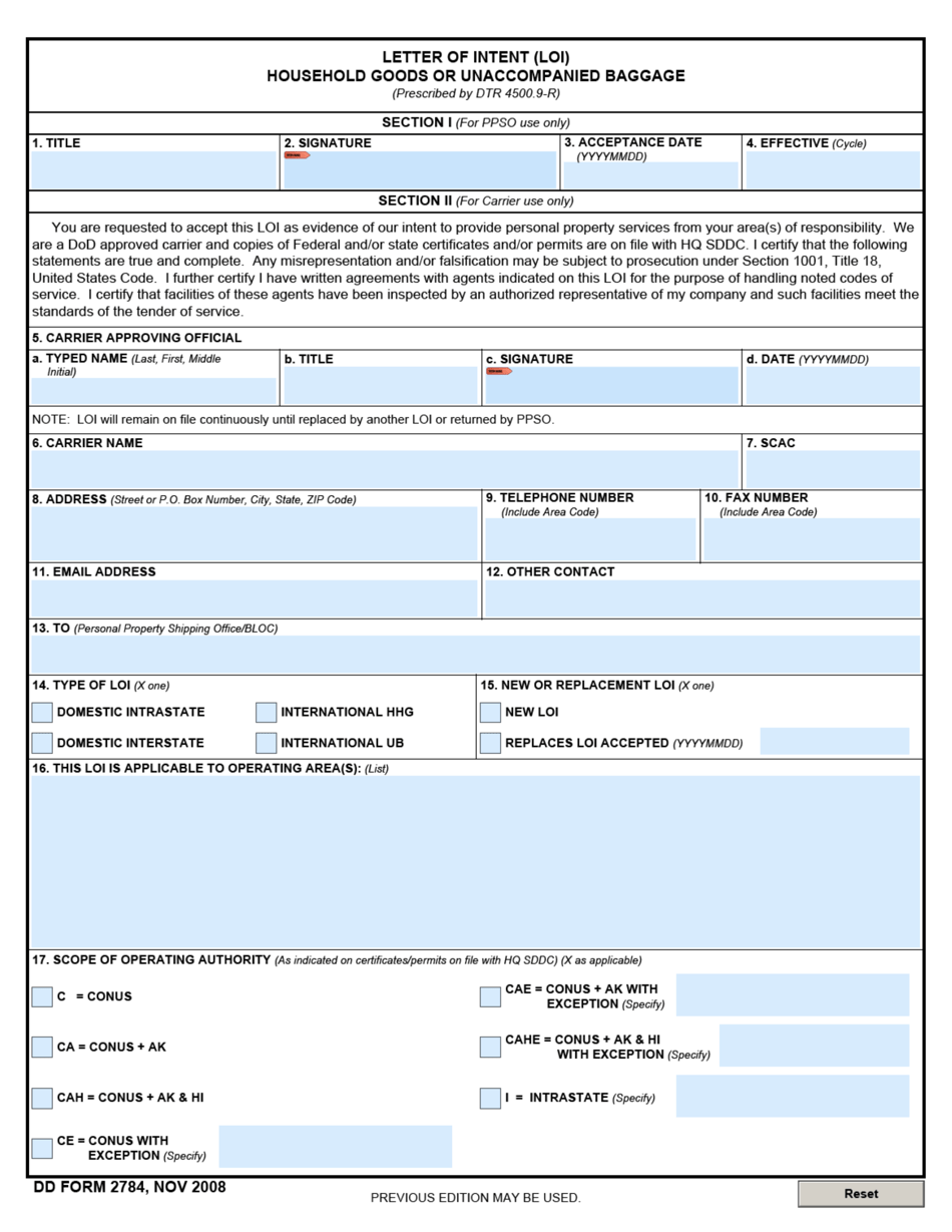 DD Form 2784 Letter of Intent (Loi) Household Goods or Unaccompanied Baggage, Page 1