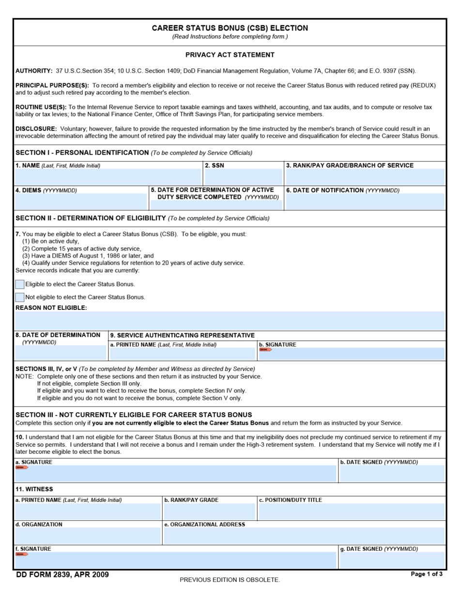 DD Form 2839 Career Status Bonus (Csb) Election, Page 1