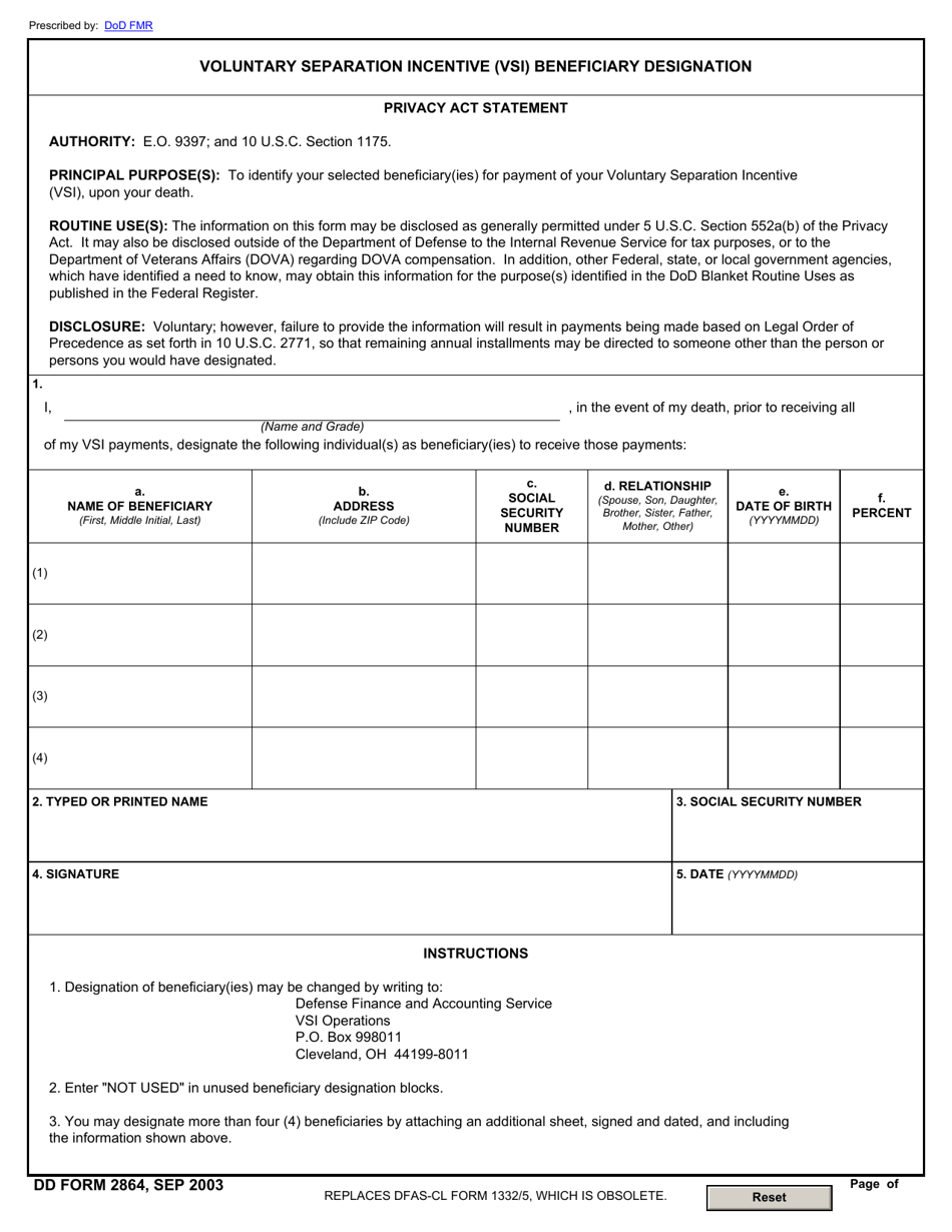 DD Form 2864 Voluntary Separation Incentive (Vsi) Beneficiary Designation, Page 1