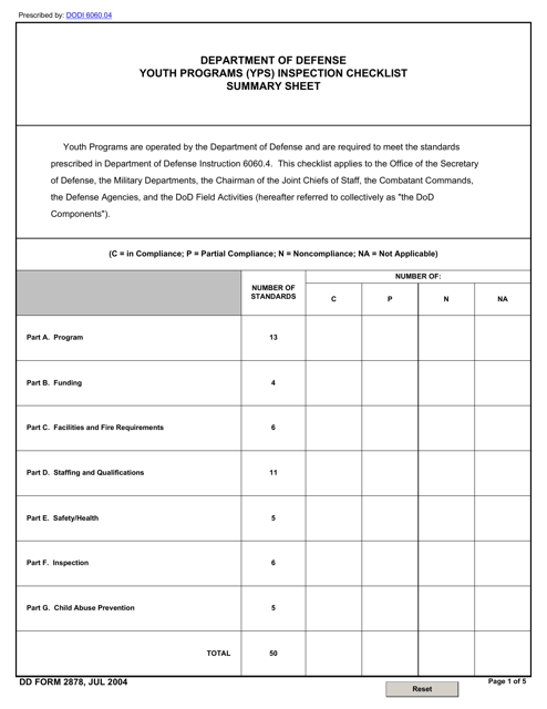 DD Form 2878 Youth Programs (Yps) Inspection Checklist Summary Sheet