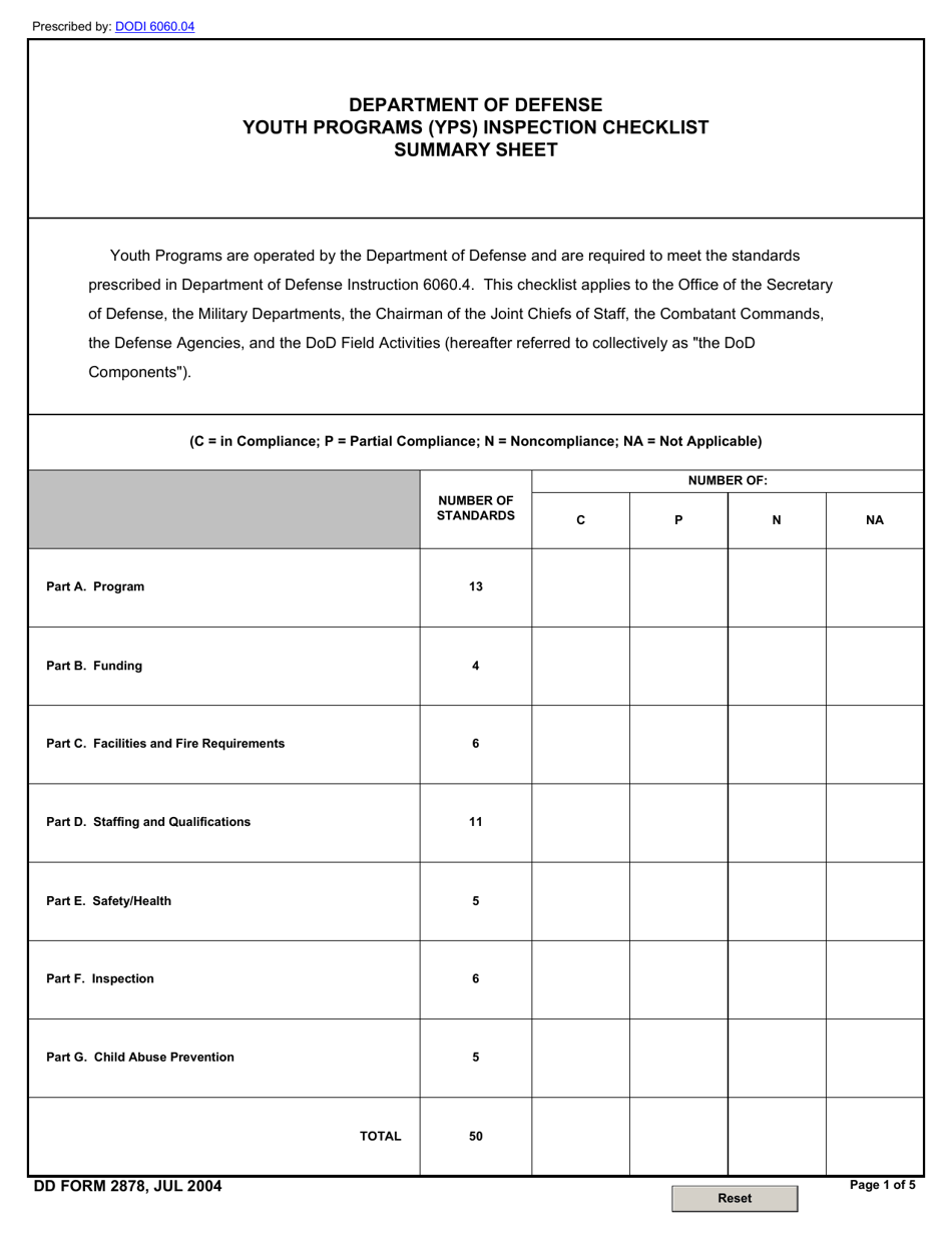 DD Form 2878 Youth Programs (Yps) Inspection Checklist Summary Sheet, Page 1
