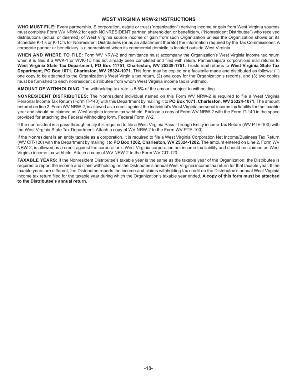 Form NRW-2 Statement of West Virginia Income Tax Withheld for Nonresident Individual or Organization - West Virginia, Page 2