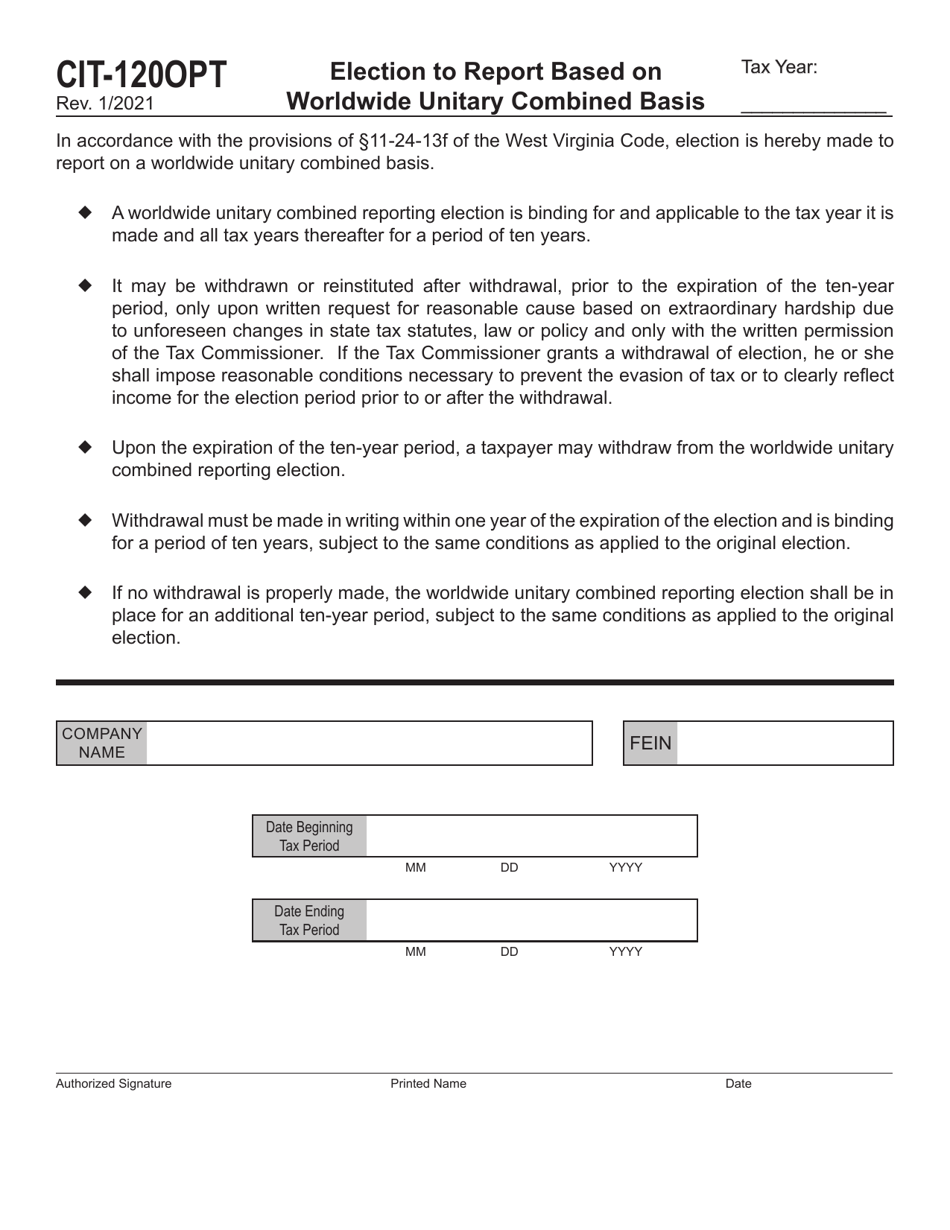 Form CIT-120OPT Election to Report Based on Worldwide Unitary Combined Basis - West Virginia, Page 1