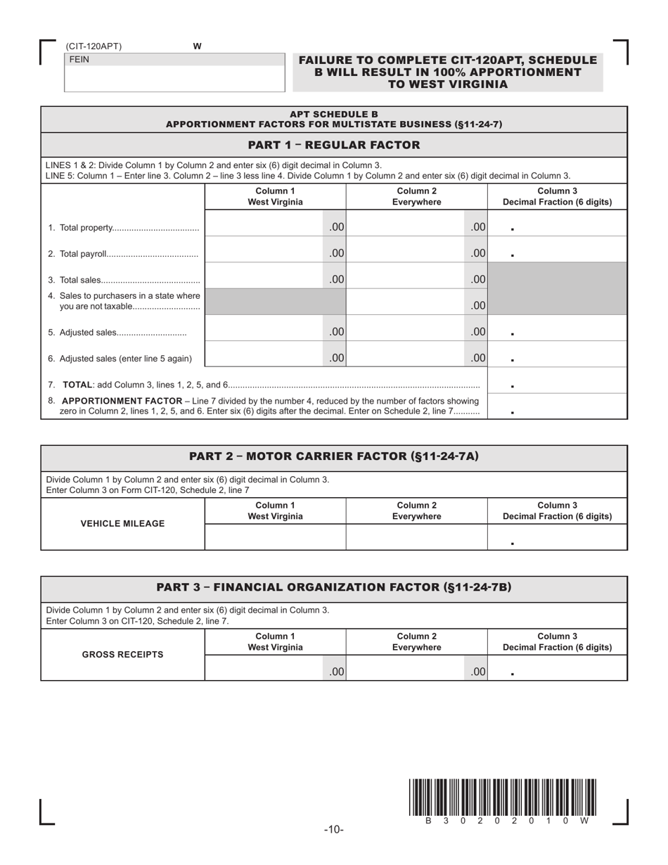 Form CIT-120APT Allocation and Apportionment for Multistate Businesses - West Virginia, Page 2