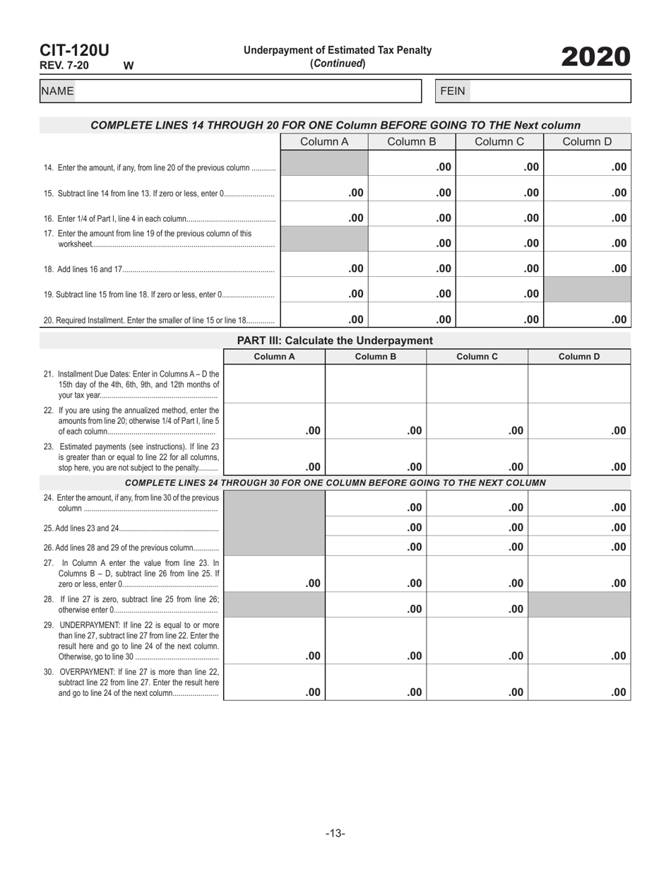 Form CIT-120U Underpayment of Estimated Tax Penalty - West Virginia, Page 2