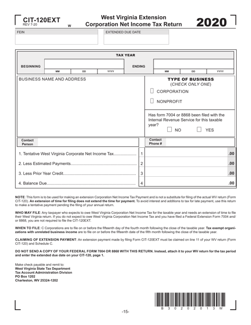 Form CIT-120EXT 2020 Printable Pdf