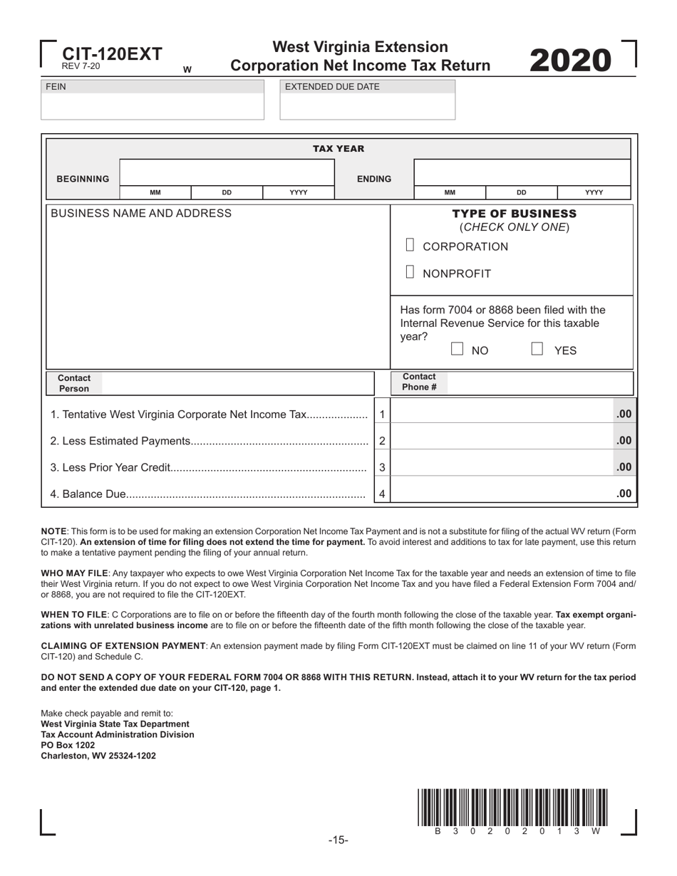 Form CIT-120EXT West Virginia Extension Corporation Net Income Tax Return - West Virginia, Page 1