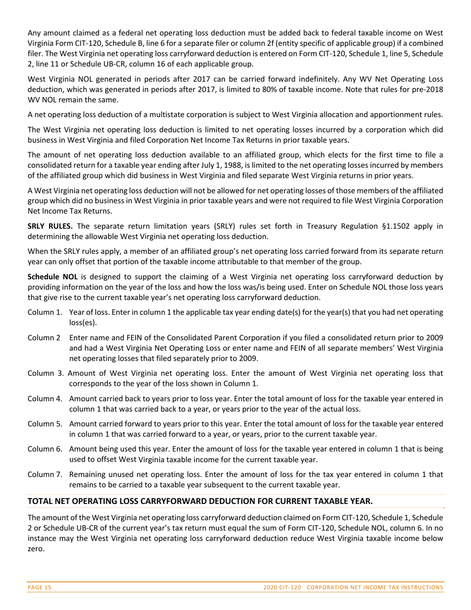 Instructions for Form CIT-120 West Virginia Corporation Net Income Tax Return - West Virginia, Page 15