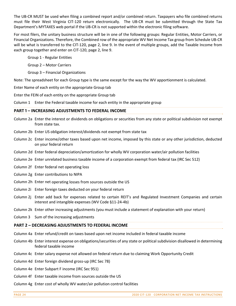 Instructions for Form CIT-120 West Virginia Corporation Net Income Tax Return - West Virginia, Page 24