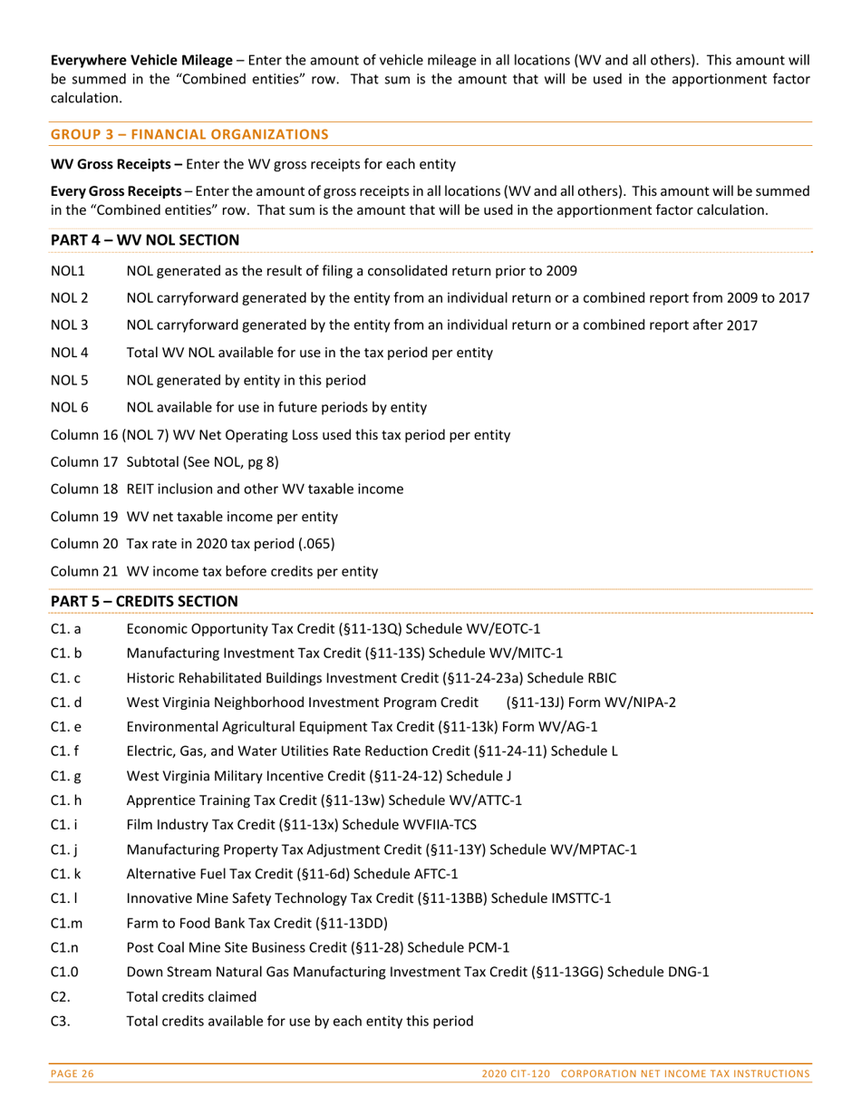 Instructions for Form CIT-120 West Virginia Corporation Net Income Tax Return - West Virginia, Page 26