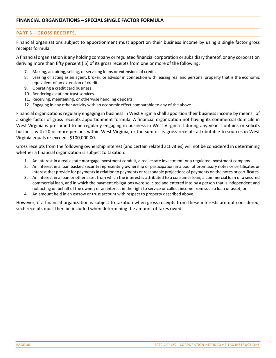 Instructions for Form CIT-120 West Virginia Corporation Net Income Tax Return - West Virginia, Page 30
