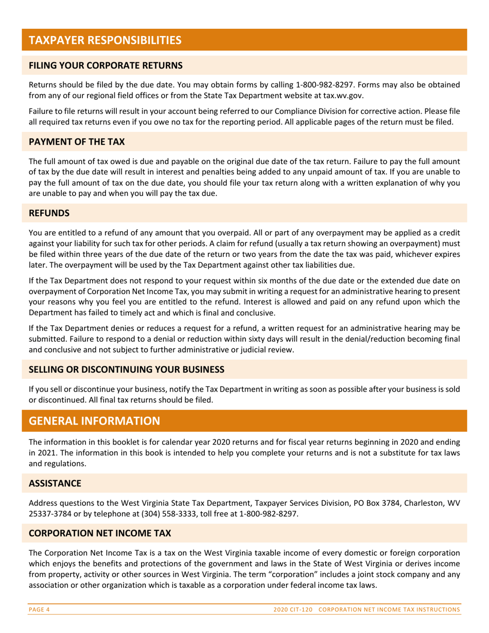 Instructions for Form CIT-120 West Virginia Corporation Net Income Tax Return - West Virginia, Page 4