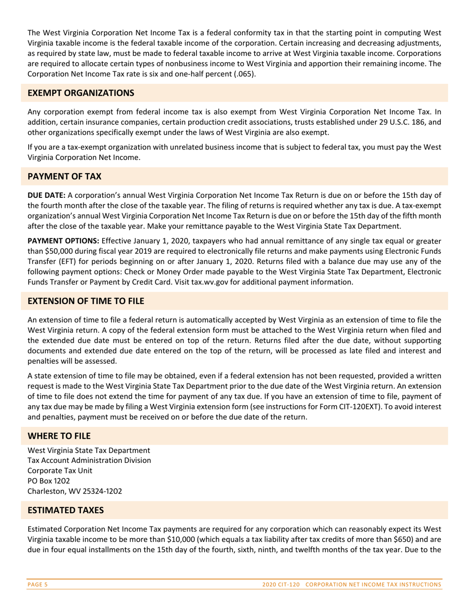 Instructions for Form CIT-120 West Virginia Corporation Net Income Tax Return - West Virginia, Page 5