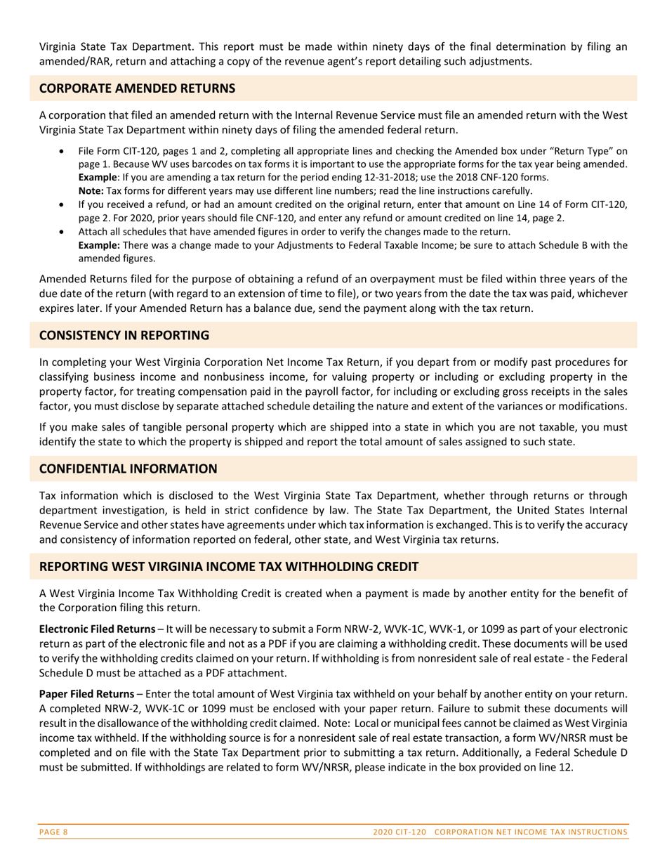 Instructions for Form CIT-120 West Virginia Corporation Net Income Tax Return - West Virginia, Page 8