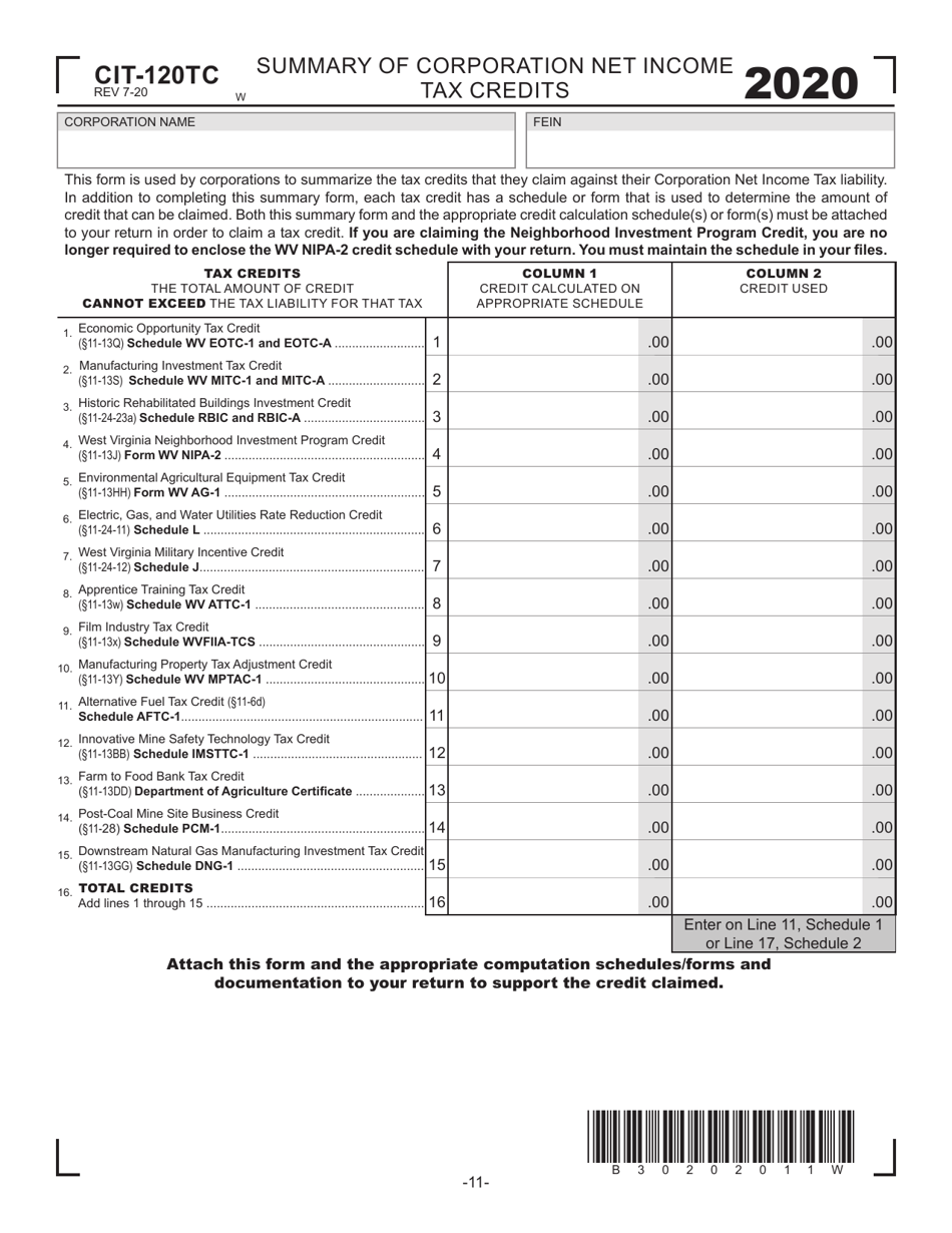 Form CIT-120TC Summary of Corporation Net Income Tax Credits - West Virginia, Page 1