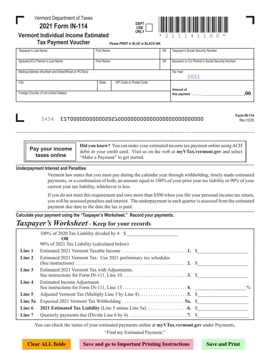 VT Form IN-114 Vermont Individual Income Estimated Tax Payment Voucher - Vermont, Page 1