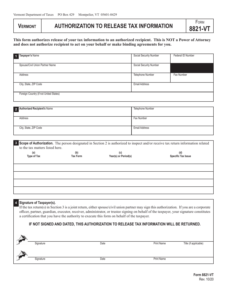 VT Form 8821-VT Authorization to Release Tax Information - Vermont, Page 1