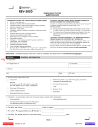 Document preview: Form REV-203D Business Activities Questionnaire - Pennsylvania