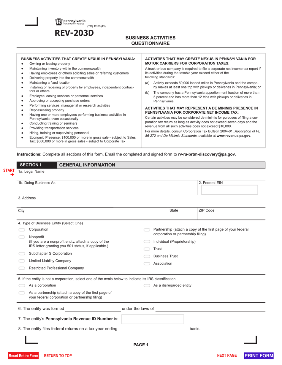 Form REV-203D Business Activities Questionnaire - Pennsylvania, Page 1