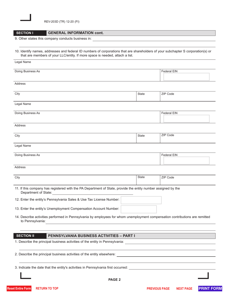 Form REV-203D Business Activities Questionnaire - Pennsylvania, Page 2