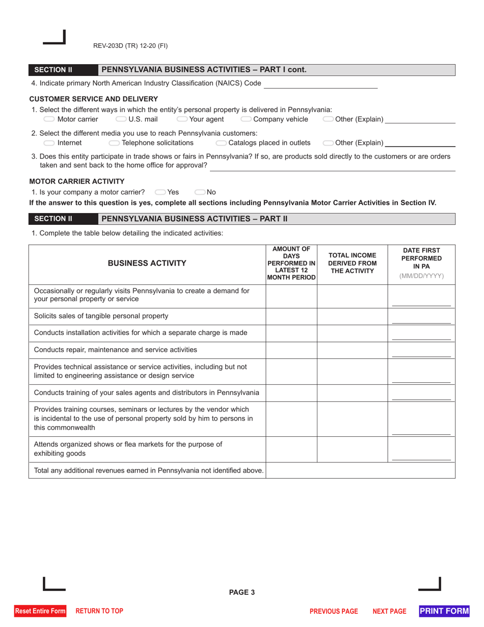 Form REV-203D Business Activities Questionnaire - Pennsylvania, Page 3