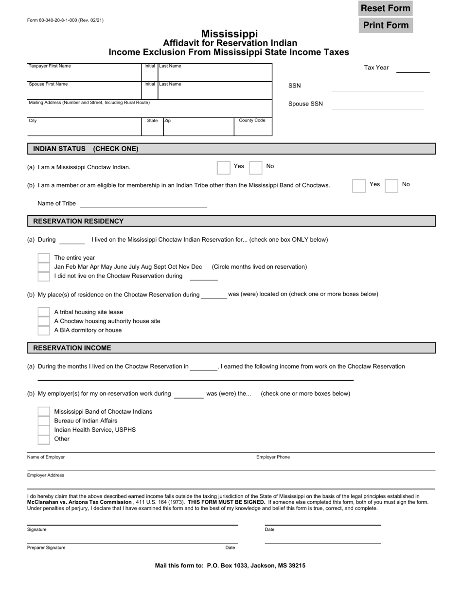 Form 80-340 Affidavit for Reservation Indian Income Exclusion From Mississippi State Income Taxes - Mississippi, Page 1
