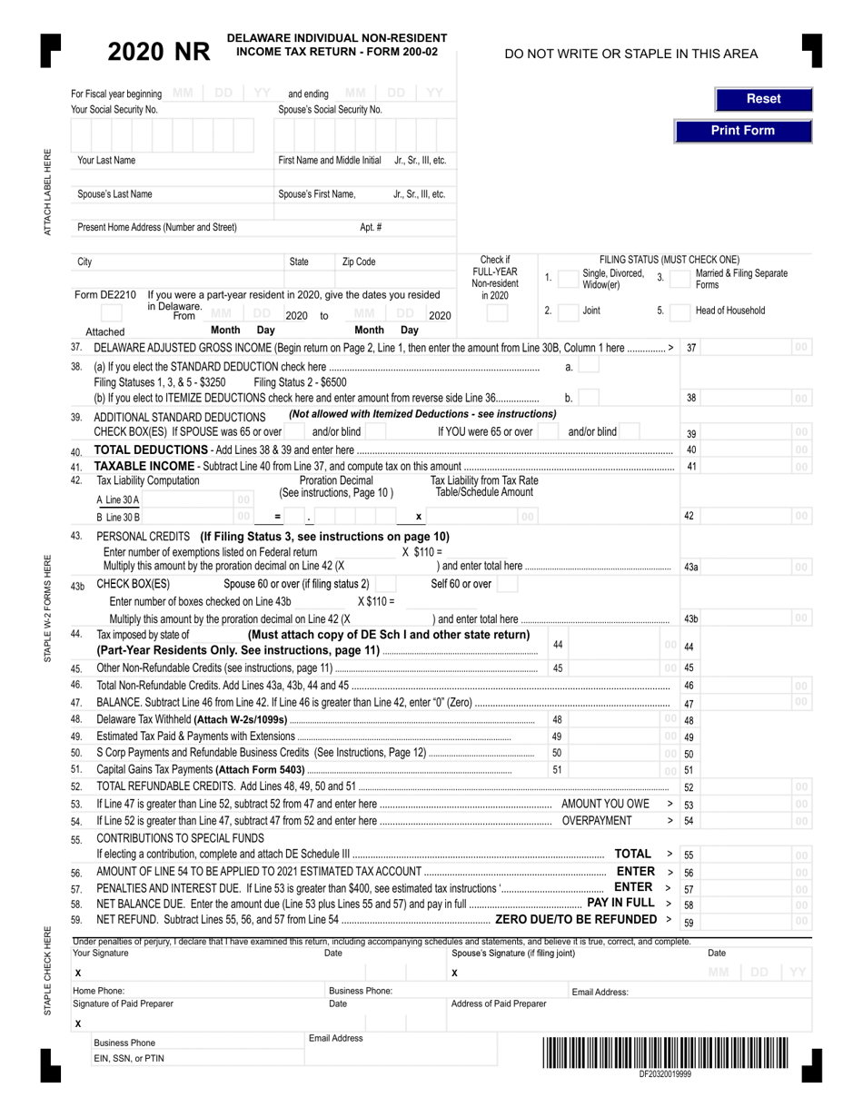 Form 200-02 Delaware Individual Non-resident Income Tax Return - Delaware, Page 1