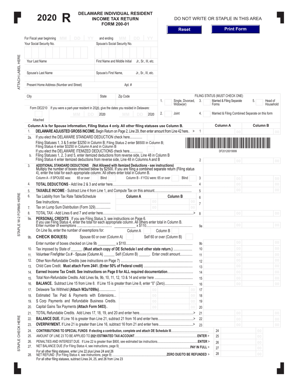 Form 200-01 Delaware Individual Resident Income Tax Return - Delaware, Page 1