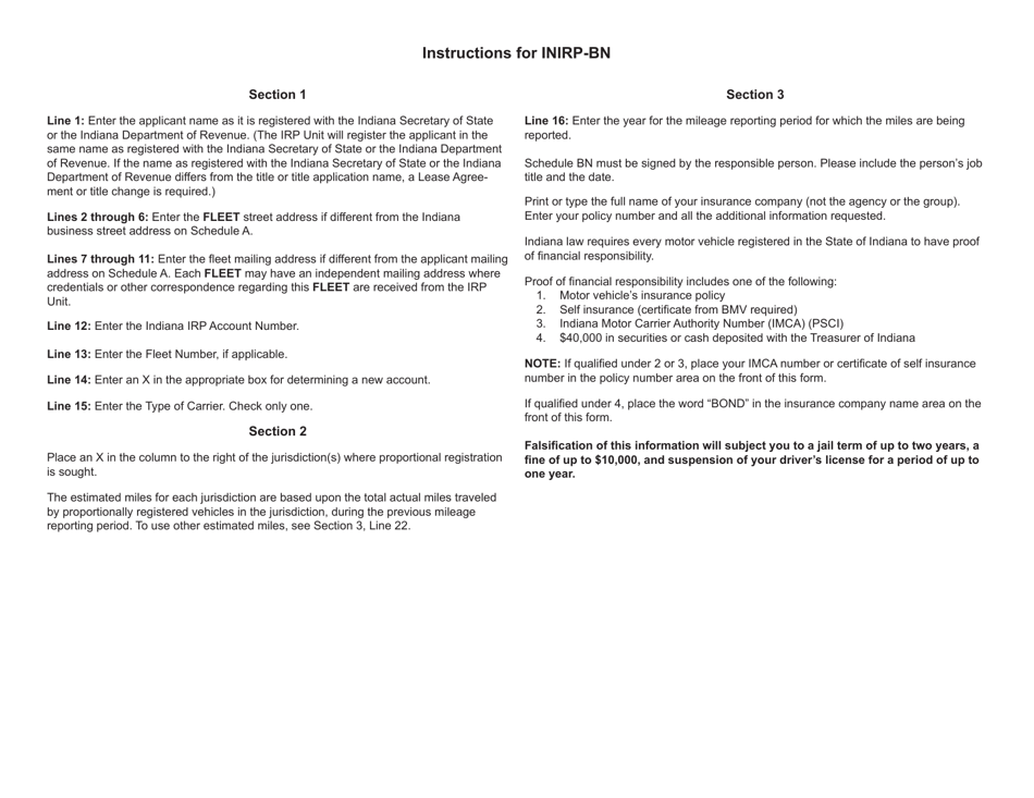 Form INIRP-BN (State Form 55550) Schedule BN International Registration Plan New Account - Indiana, Page 2