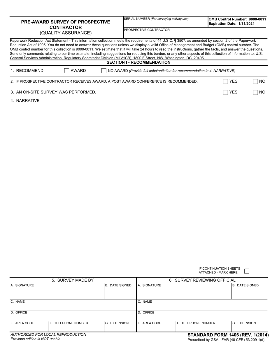 Form SF-1406 Preaward Survey Prospective Contractor (Quality Assurance), Page 1