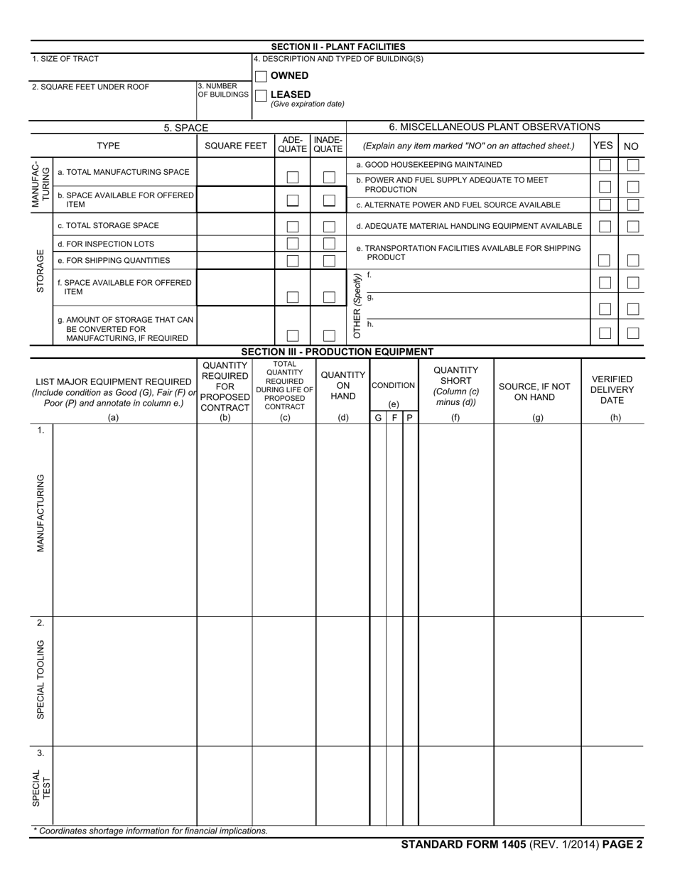 Form SF-1405 Preaward Survey of Prospective Contractor (Production), Page 2