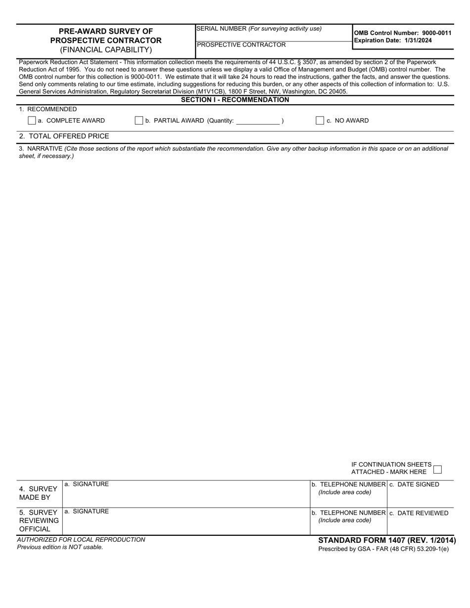 Form SF-1407 Preaward Survey of Prospective Contractor (Financial Capability), Page 1
