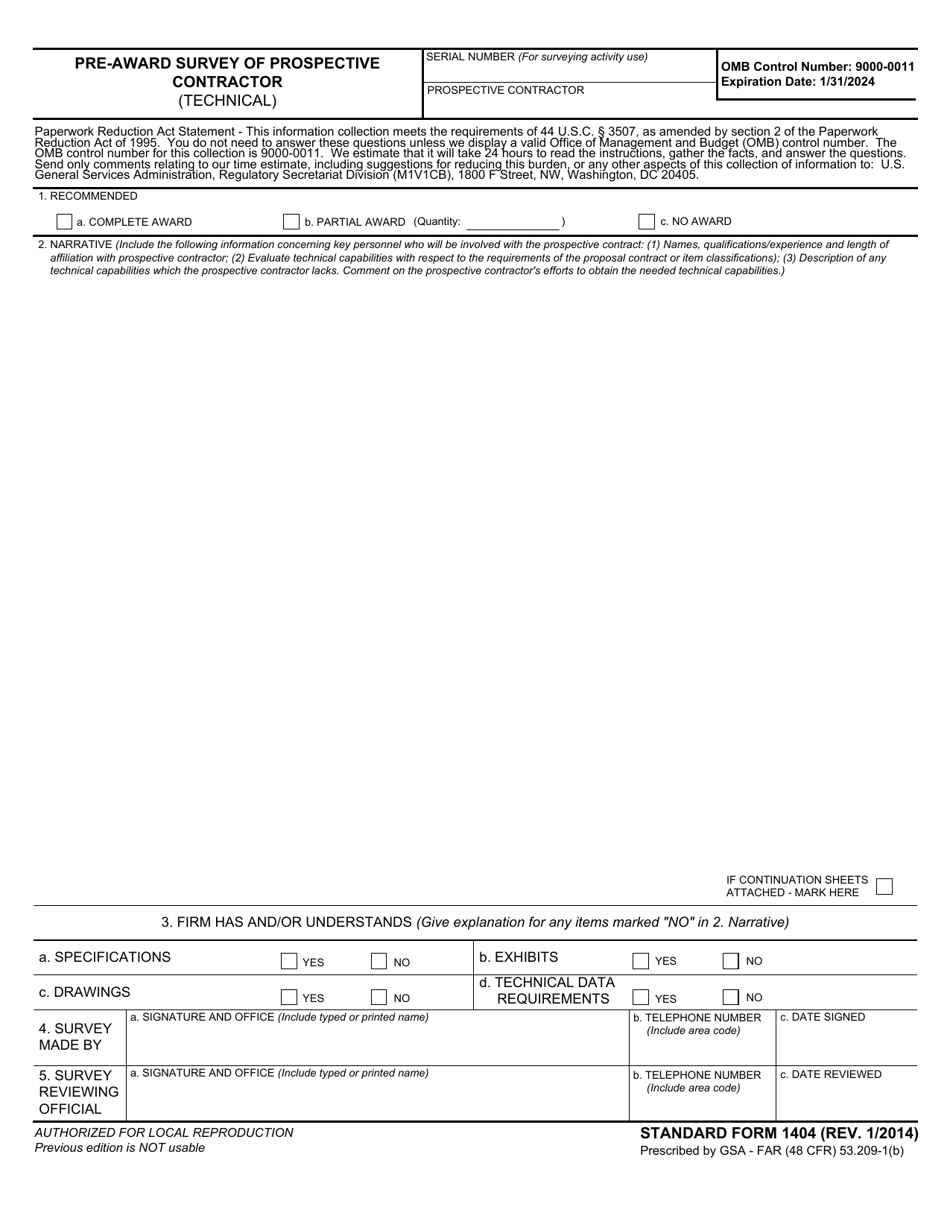 Form SF-1404 Pre-award Survey of Prospective Contractor (Technical), Page 1