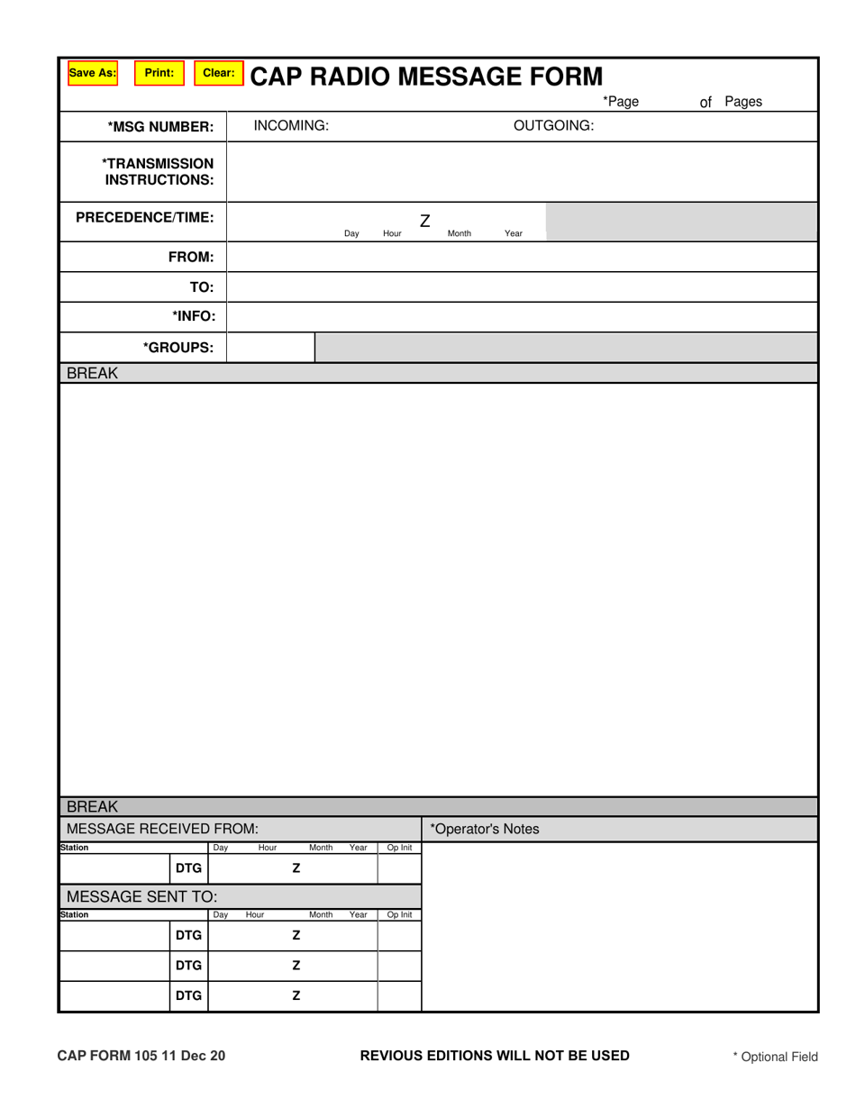 CAP Form 105 CAP Radio Message Form, Page 1