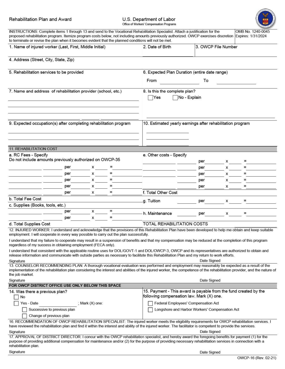 Form OWCP-16 Download Fillable PDF or Fill Online Rehabilitation Plan and  Award | Templateroller