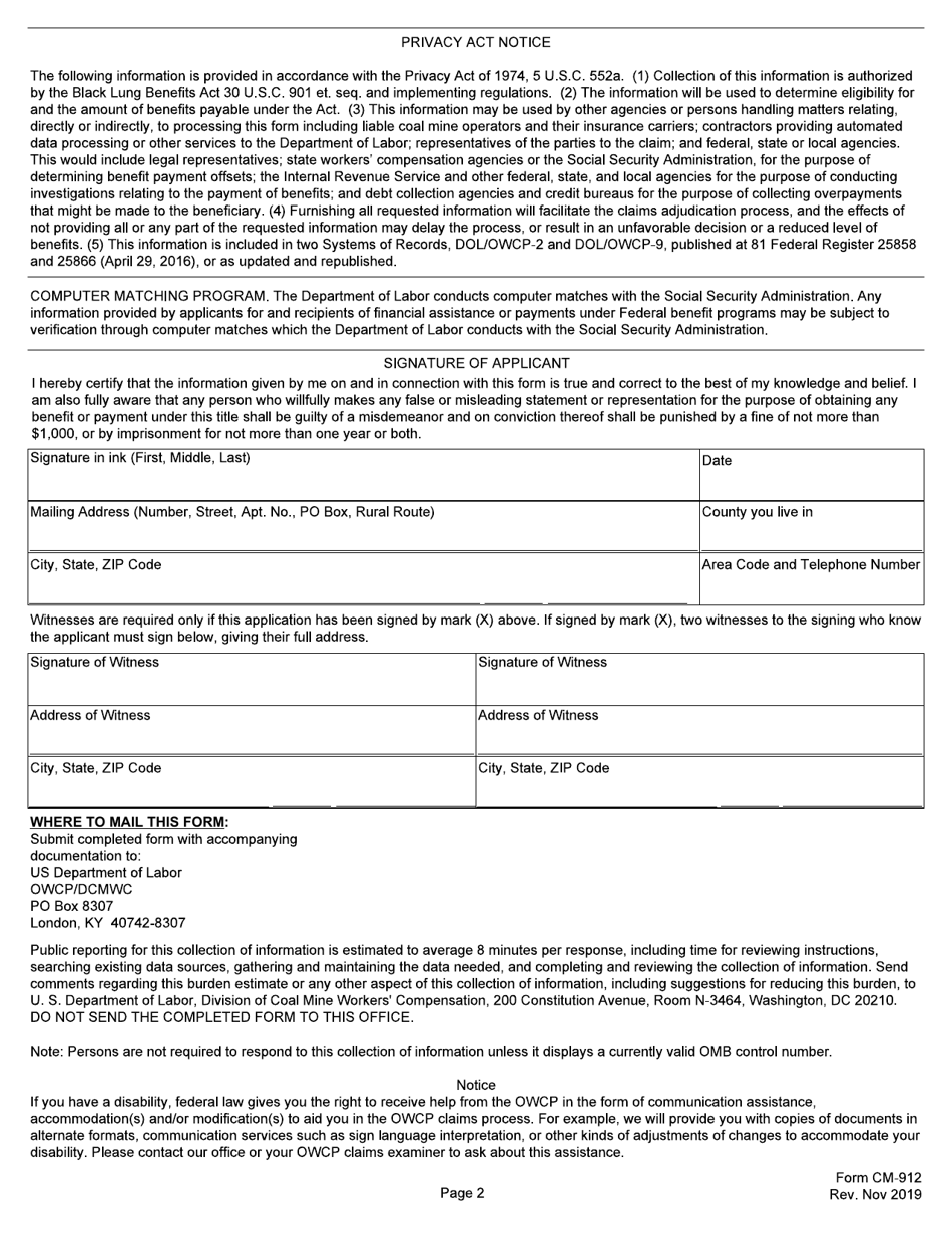 Form CM-912 Survivors Form for Benefits Under the Black Lung Benefits Act, Page 2