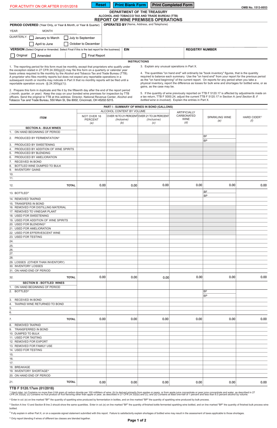 TTB Form 5120.17SM Report of Wine Premises Operations Smart Form - for Activity on or After 01 / 01 / 2018, Page 1
