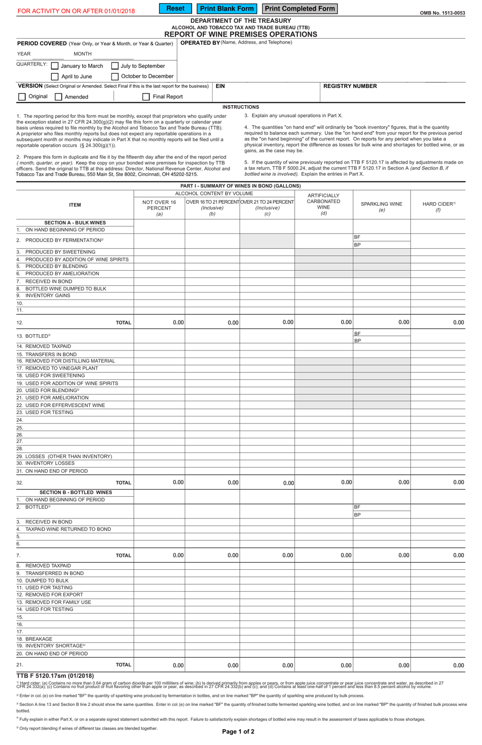 report of wine premises operations