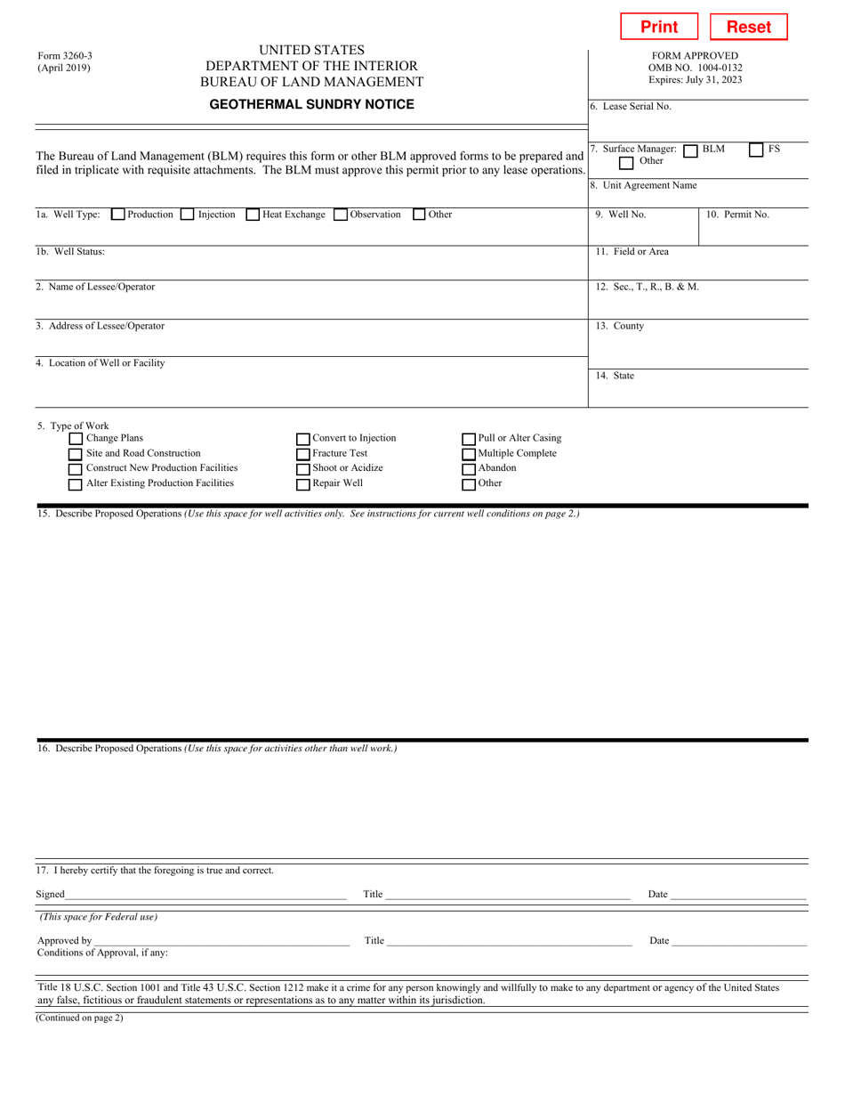 Form 3260-3 Geothermal Sundry Notice, Page 1