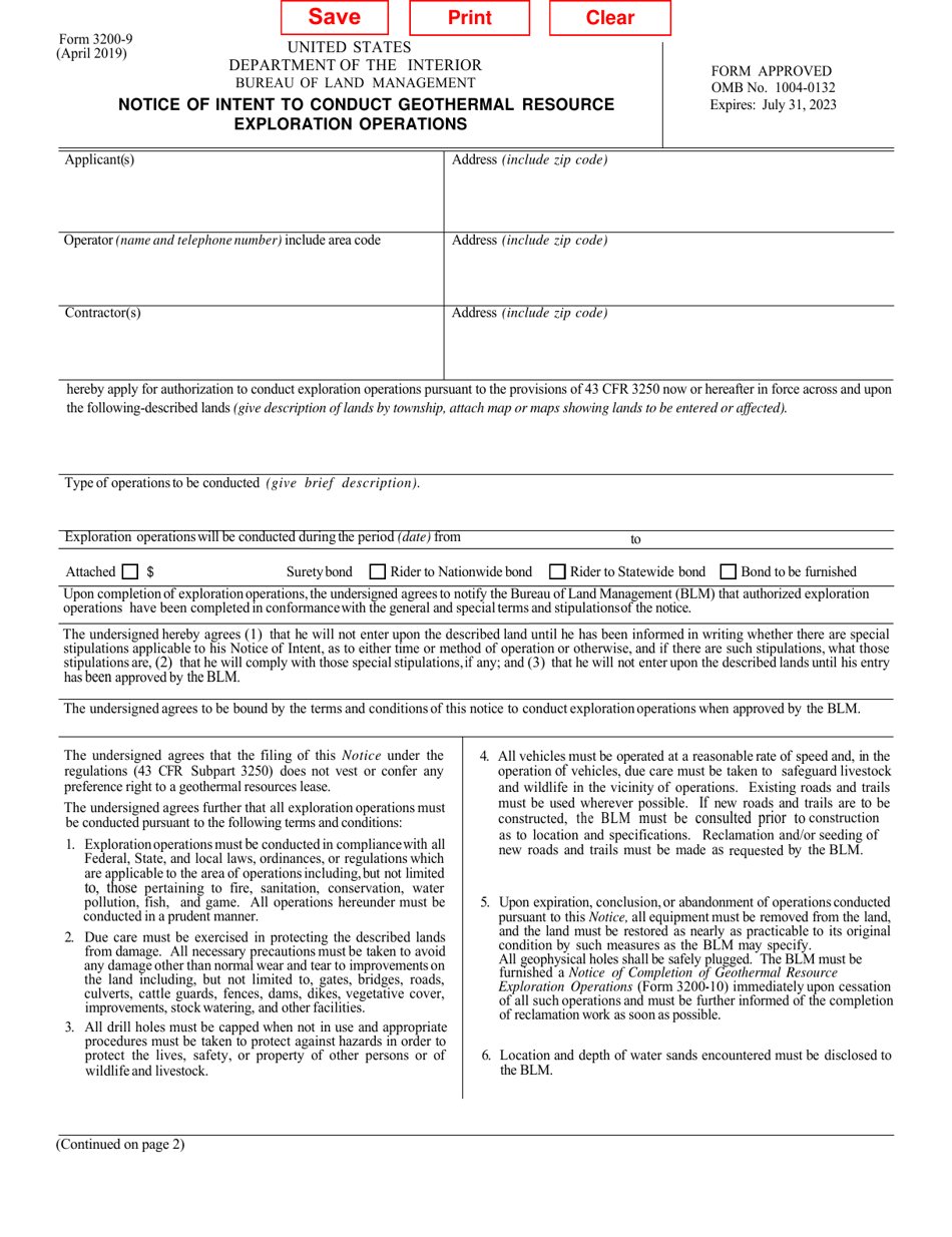 Form 3200-9 Notice of Intent to Conduct Geothermal Resource Exploration Operations, Page 1