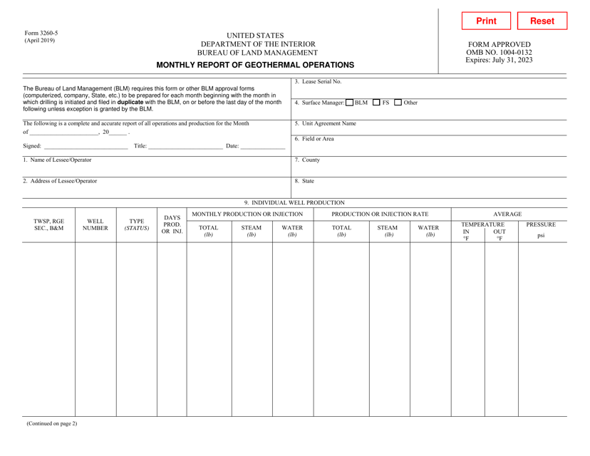 Form 3260-5 Monthly Report of Geothermal Operations