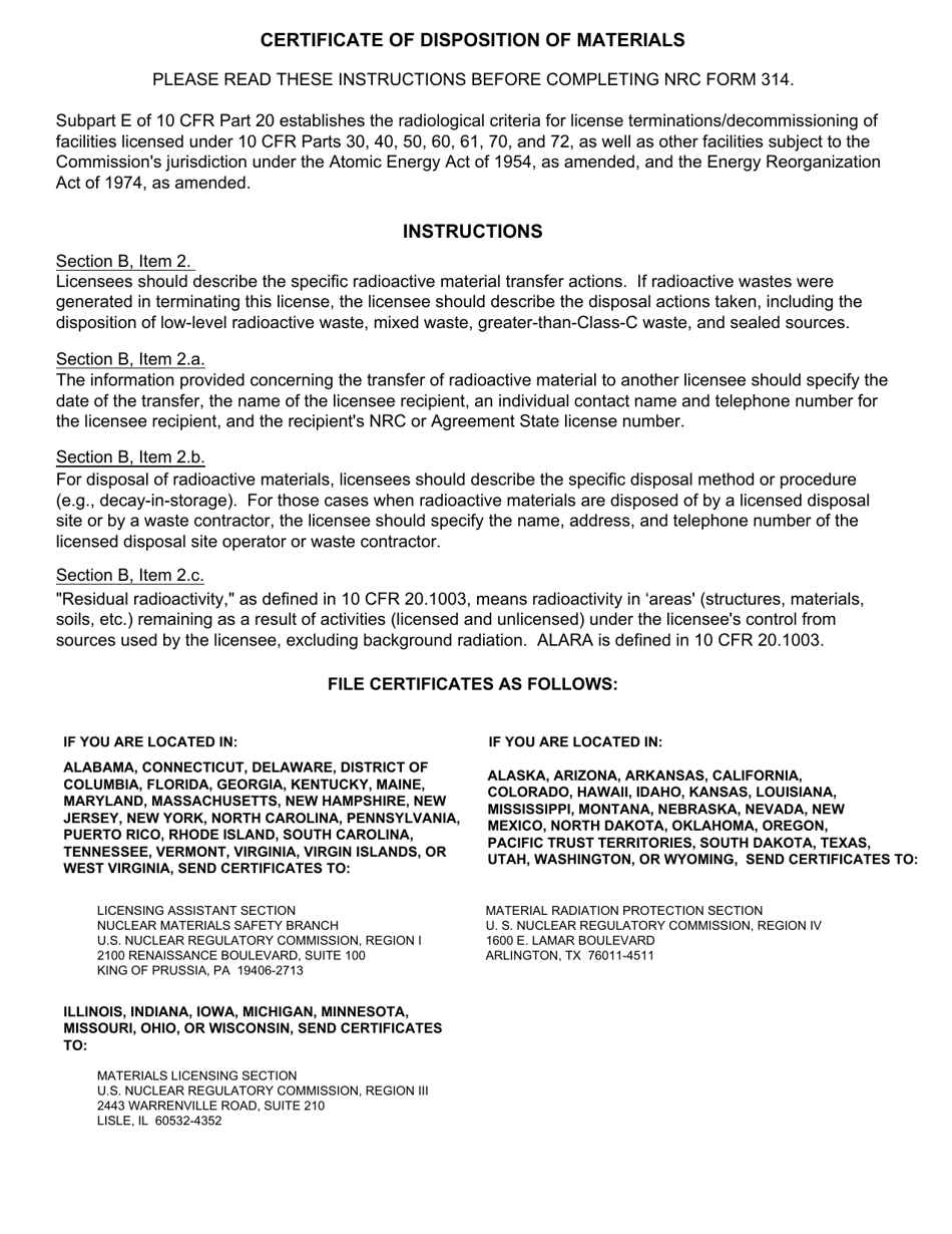 NRC Form 314 Certificate of Disposition of Materials, Page 2