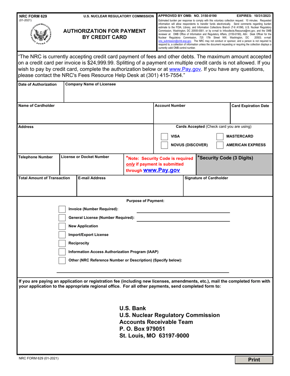 NRC Form 629 Authorization for Payment by Credit Card, Page 1