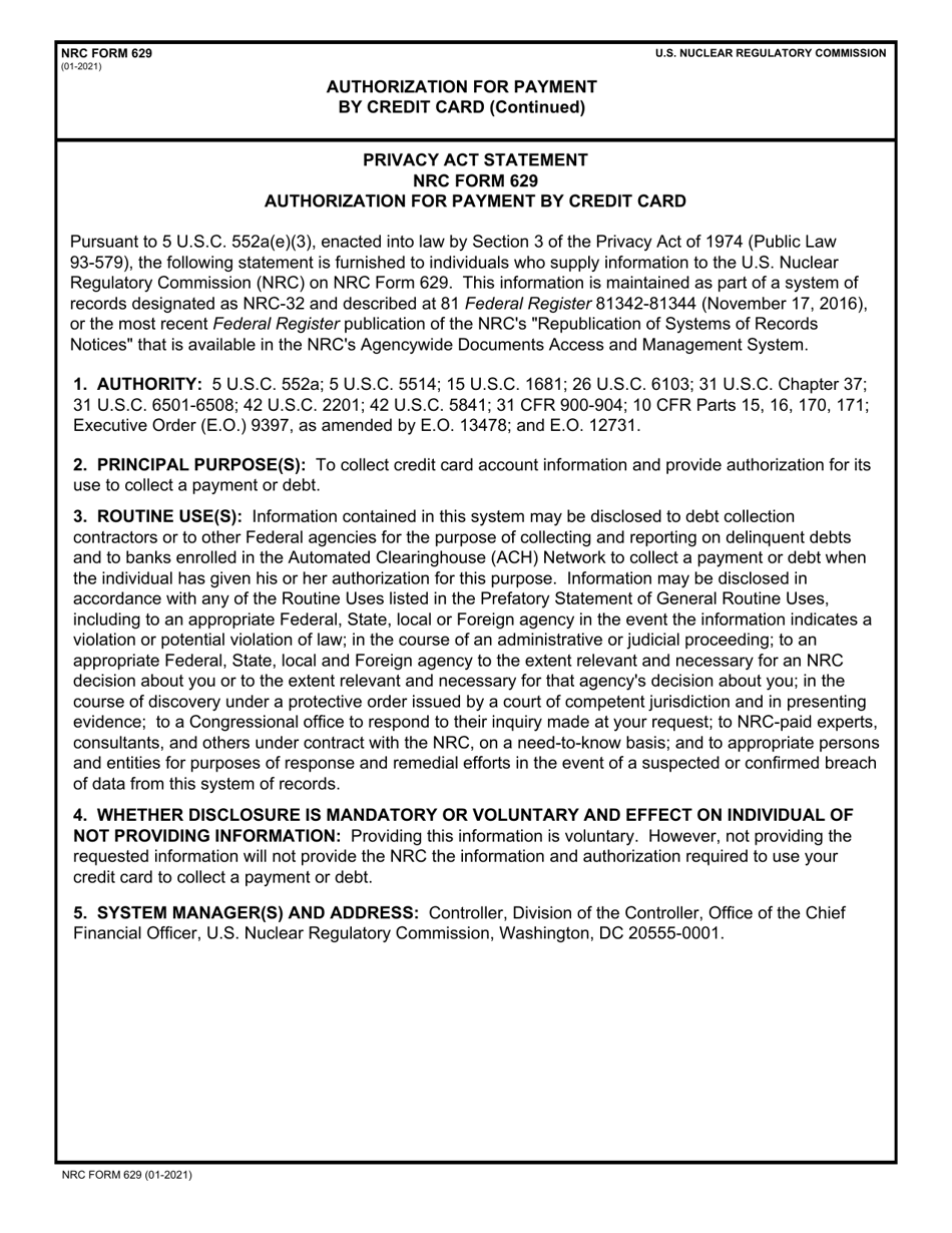 NRC Form 629 Authorization for Payment by Credit Card, Page 2