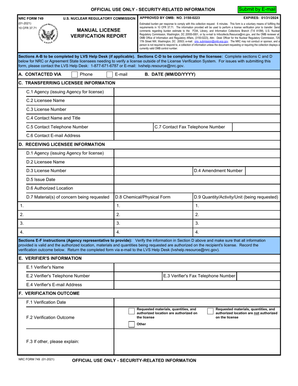 NRC Form 749 Download Fillable PDF or Fill Online Manual License ...