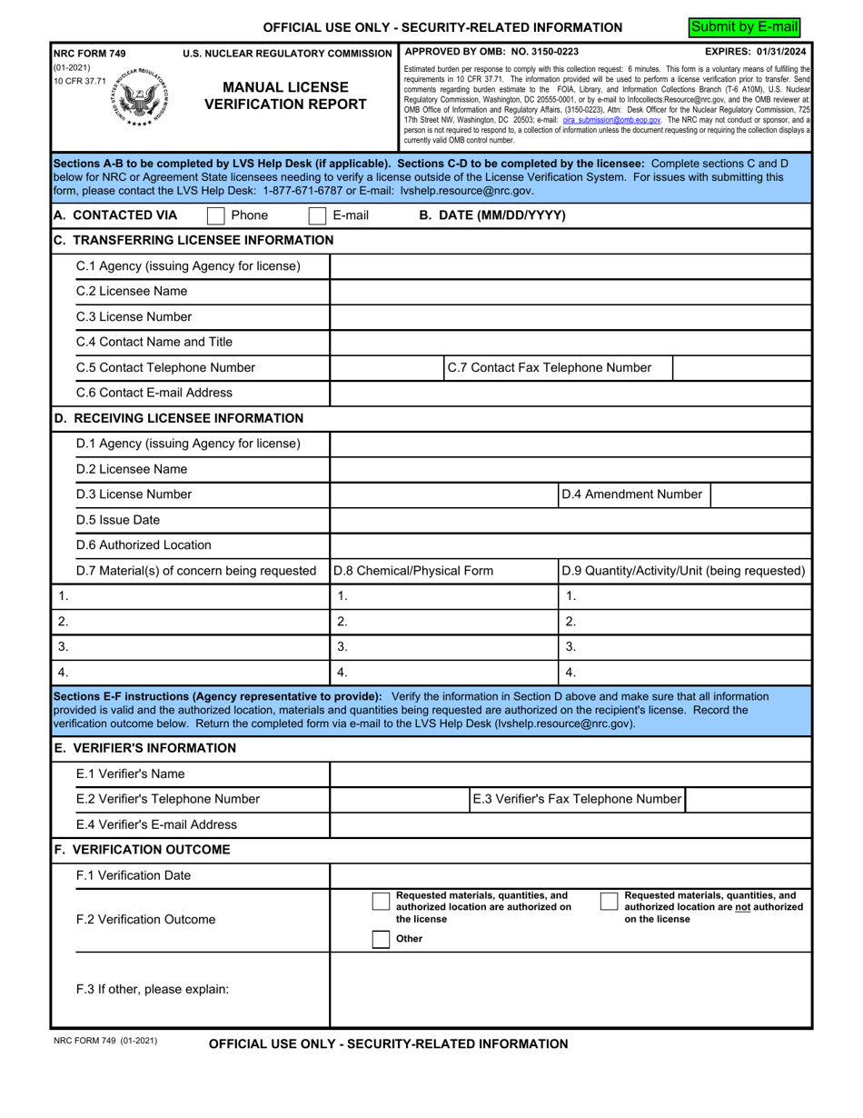 NRC Form 749 Manual License Verification Report, Page 1